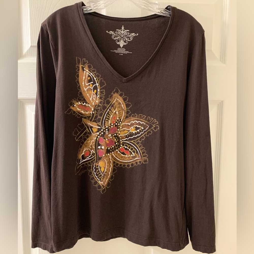 Tommy Hilfiger Brown Long Sleeve Top with Floral Design